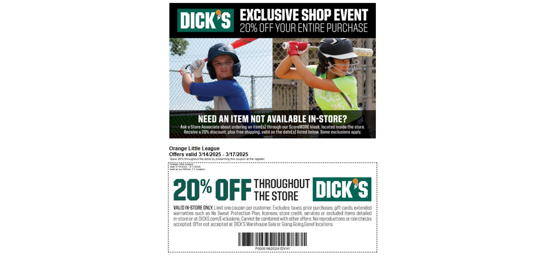 OLL 20% off Dicks Sporting Goods 3/14/25-3/17/25